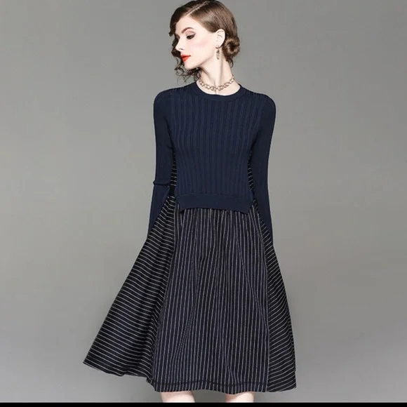Women Autumn Winter Navy Knit Midi Dress Size S